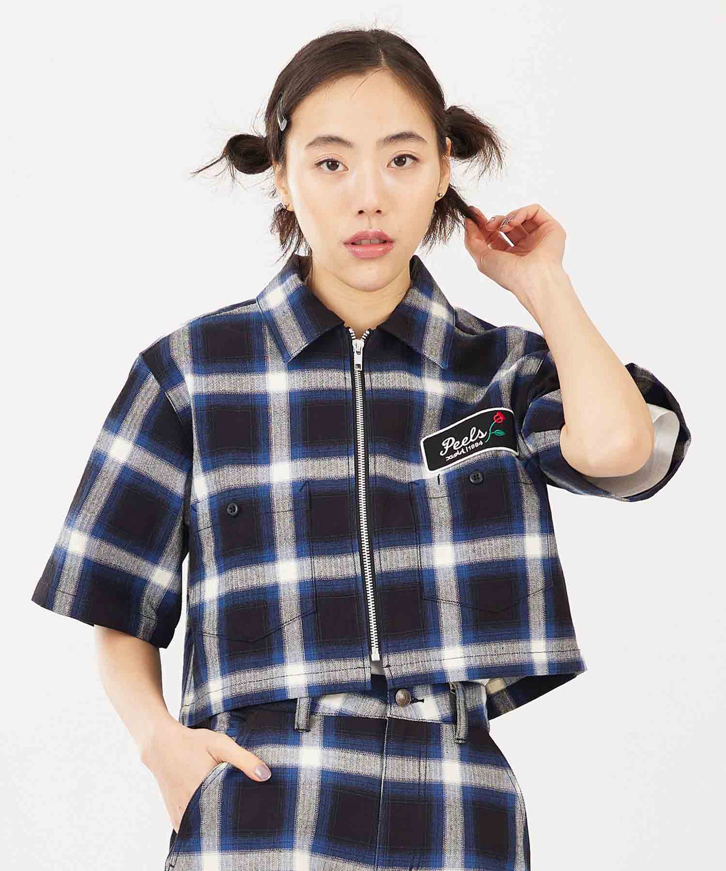 X-girl x Peels PLAID ZIP UP CROPPED SHIRT