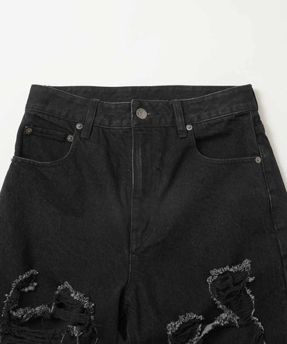 DISTRESSED ROLL UP DENIM PANTS