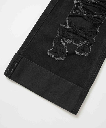 DISTRESSED ROLL UP DENIM PANTS