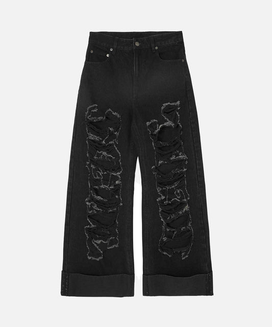 DISTRESSED ROLL UP DENIM PANTS