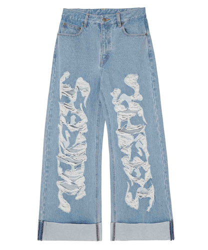 DISTRESSED ROLL UP DENIM PANTS