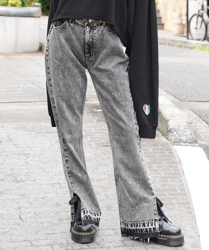 CHEMICAL WASH SIDE SLIT FLARED DENIM PANTS