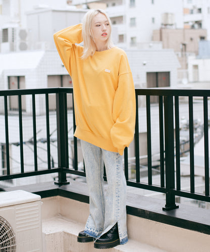 CHEMICAL WASH SIDE SLIT FLARED DENIM PANTS