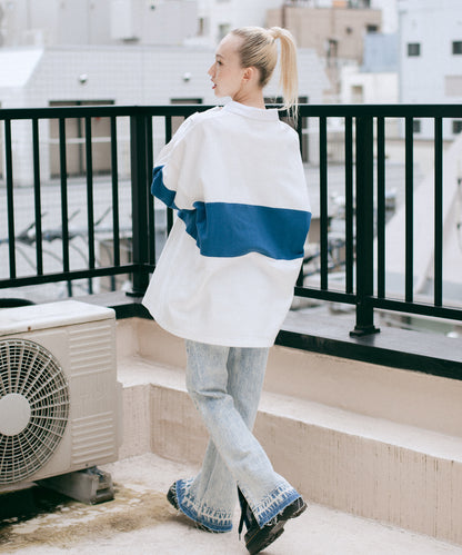 CHEMICAL WASH SIDE SLIT FLARED DENIM PANTS