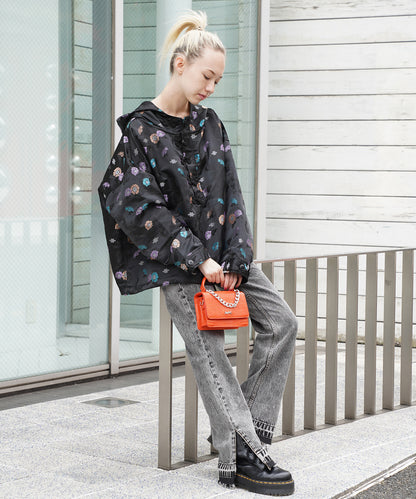 CHEMICAL WASH SIDE SLIT FLARED DENIM PANTS