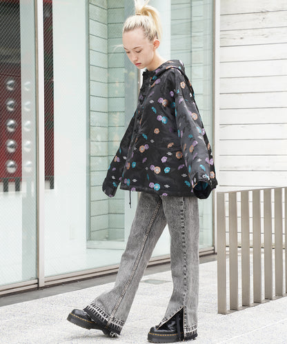 CHEMICAL WASH SIDE SLIT FLARED DENIM PANTS
