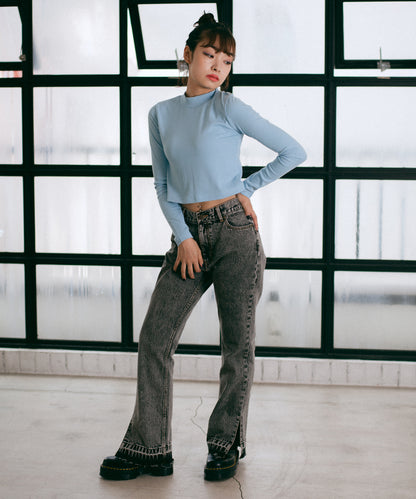 CHEMICAL WASH SIDE SLIT FLARED DENIM PANTS