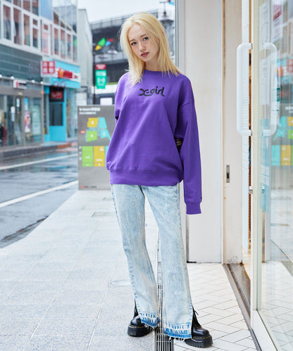 CHEMICAL WASH SIDE SLIT FLARED DENIM PANTS