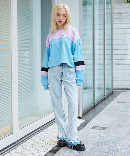 CHEMICAL WASH SIDE SLIT FLARED DENIM PANTS