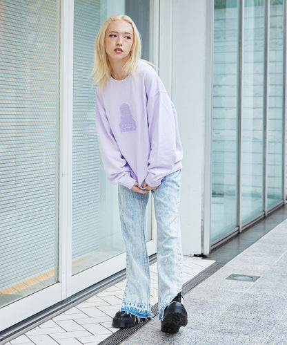 CHEMICAL WASH SIDE SLIT FLARED DENIM PANTS