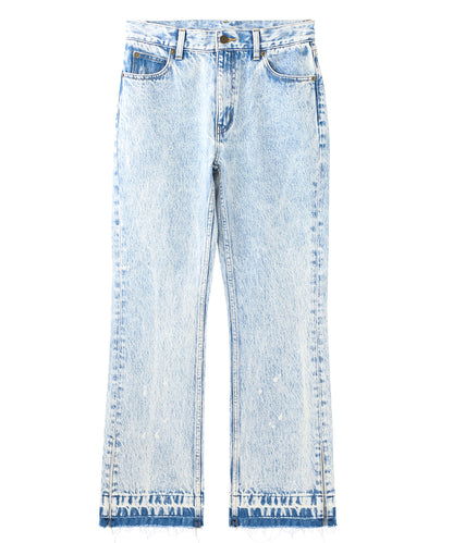 CHEMICAL WASH SIDE SLIT FLARED DENIM PANTS