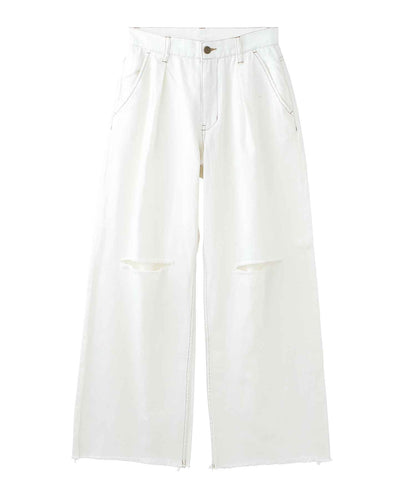 KNEE SLIT WIDE LEG DENIM PANTS