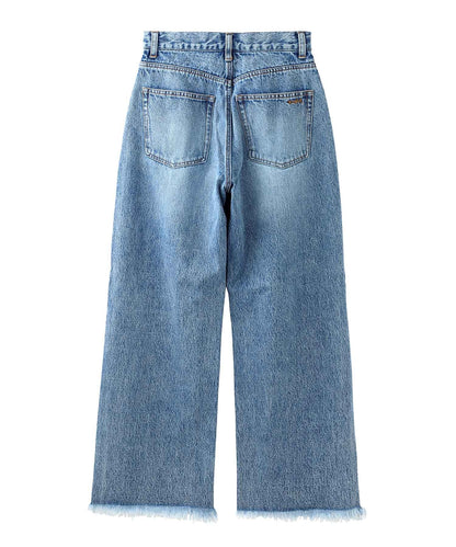 KNEE SLIT WIDE LEG DENIM PANTS